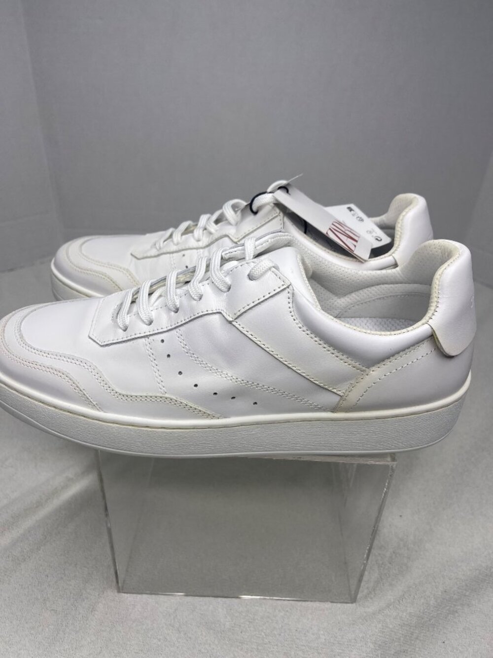 NWT Zara White Leather Lace-Up Sneakers Low-Top Casual Women 41/US 10 Comfort - Picture 3 of 10